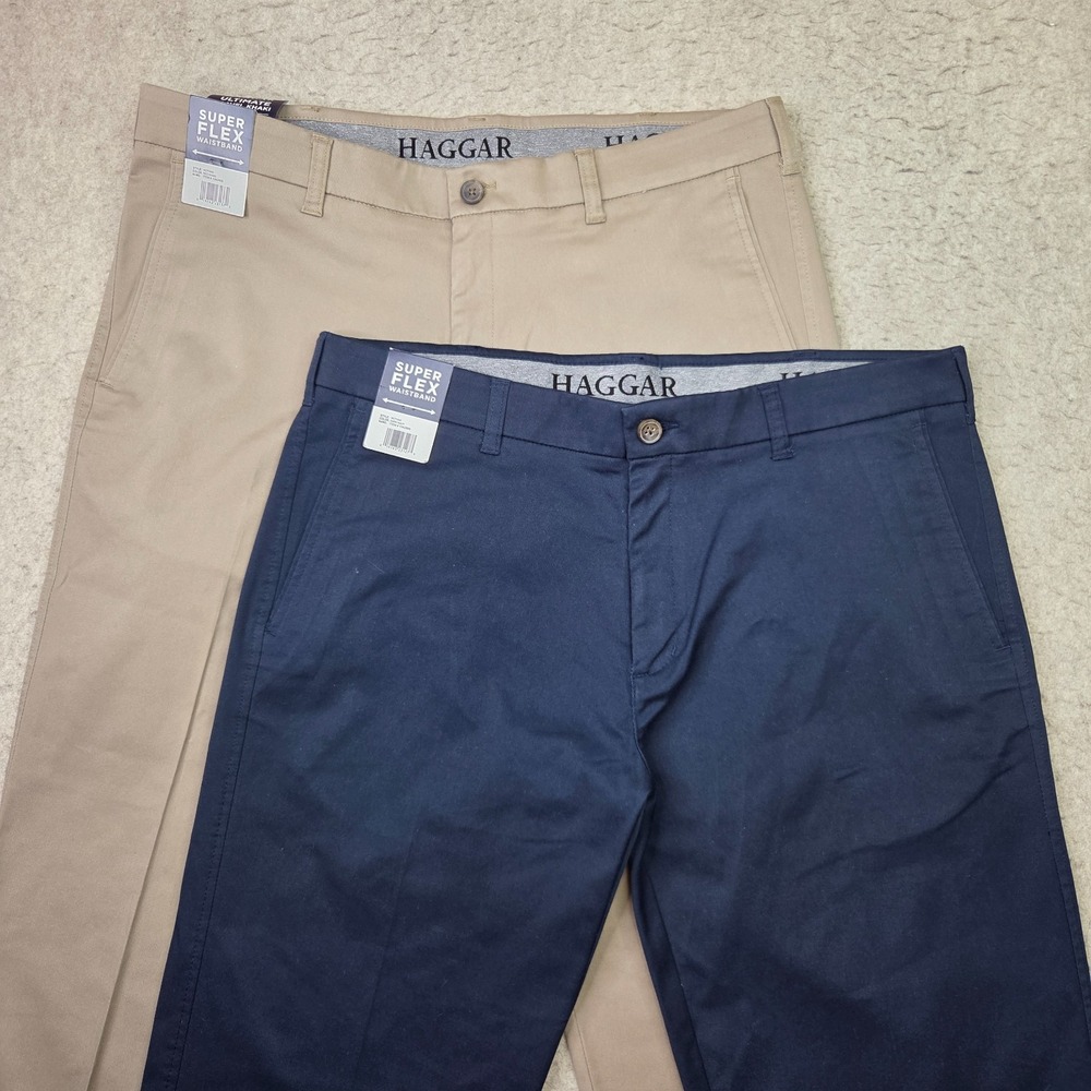 Lot of 2 Haggar Pants Super Flex Waistband Mens 38x30 Chino Straight Zip Pockets